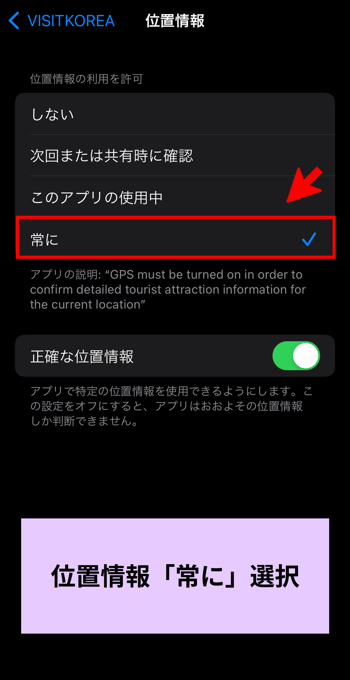 iOS「VISITKOREA」モバイルアプリ設定画面