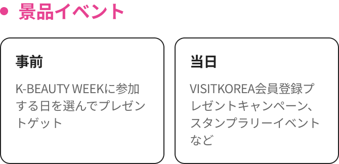 景品イベント 事前 K-BEAUTY WEEKに参加する日を選んでプレゼントゲット 当日 VISITKOREA会員登録プレゼントキャンペーン、スタンプラリーイベントなど