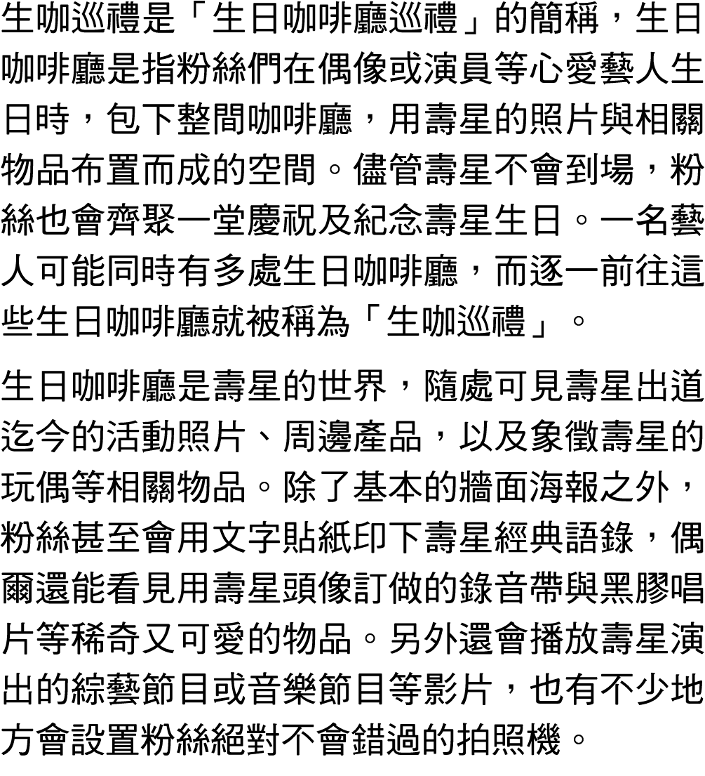 生咖巡禮是「生日咖啡廳巡禮」的簡稱，生日咖啡廳是指粉絲們在偶像或演員等心愛藝人生日時，包下整間咖啡廳，用壽星的照片與相關物品布置而成的空間。儘管壽星不會到場，粉絲也會齊聚一堂慶祝及紀念壽星生日。一名藝人可能同時有多處生日咖啡廳，而逐一...