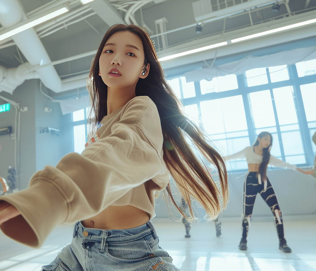 beautiful female k-pop idol who are practicing dance in the dance studio in comfortable outfits.