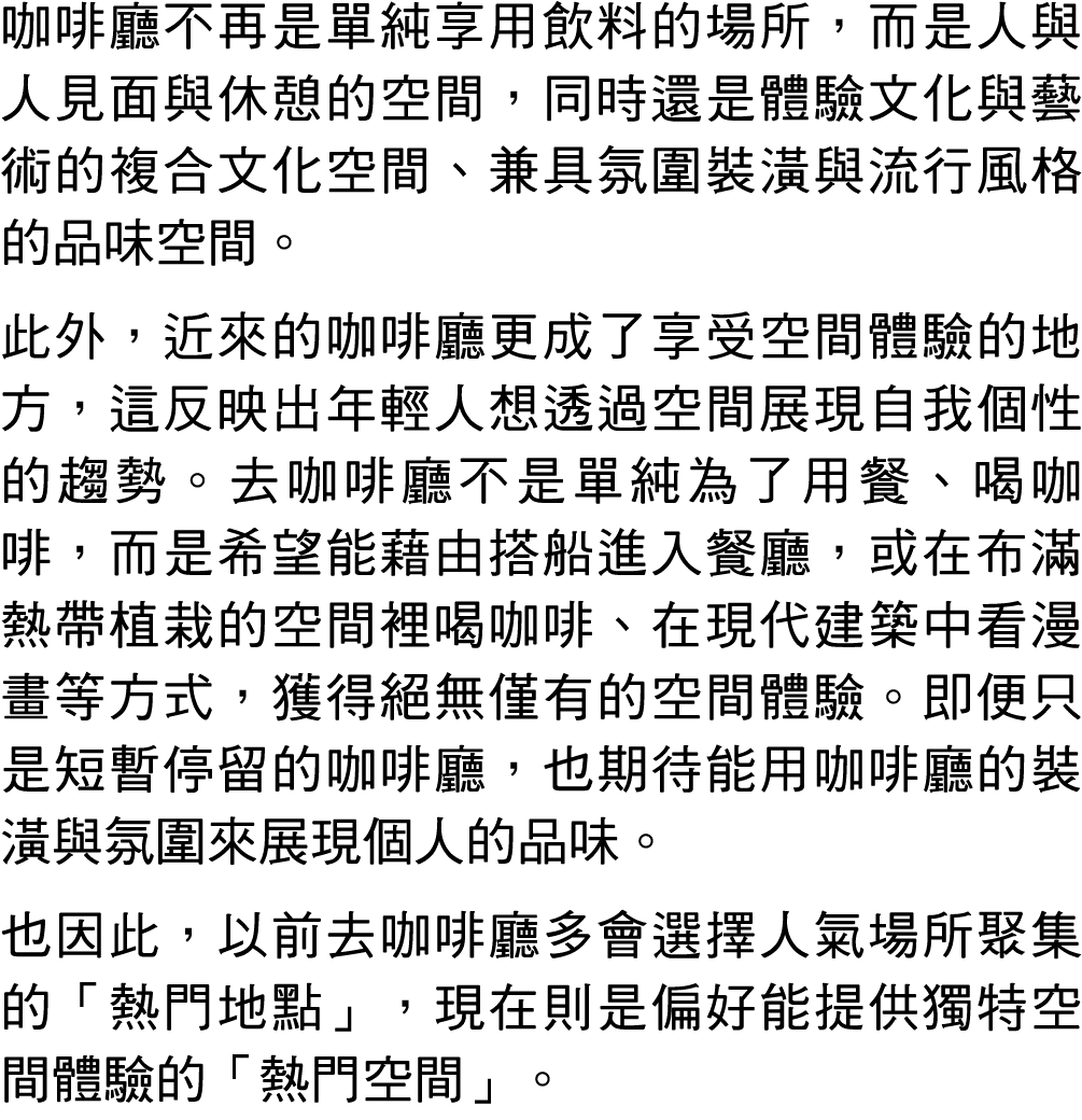 咖啡廳不再是單純享用飲料的場所，而是人與人見面與休憩的空間，同時還是體驗文化與藝術的複合文化空間、兼具氛圍裝潢與流行風格的品味空間。 此外，近來的咖啡廳更成了享受空間體驗的地方，這反映出年輕人想透過空間展現自我個性的趨勢。去咖啡廳不是...