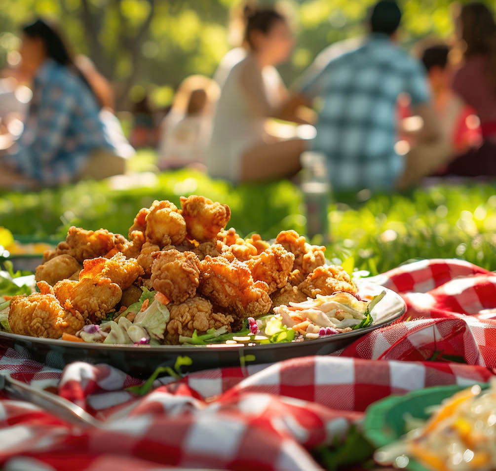 Fried chicken and iced drinks on picnic blanket with people in background. Outdoor picnic scene with red and white checkered cloth. Summer picnic concept