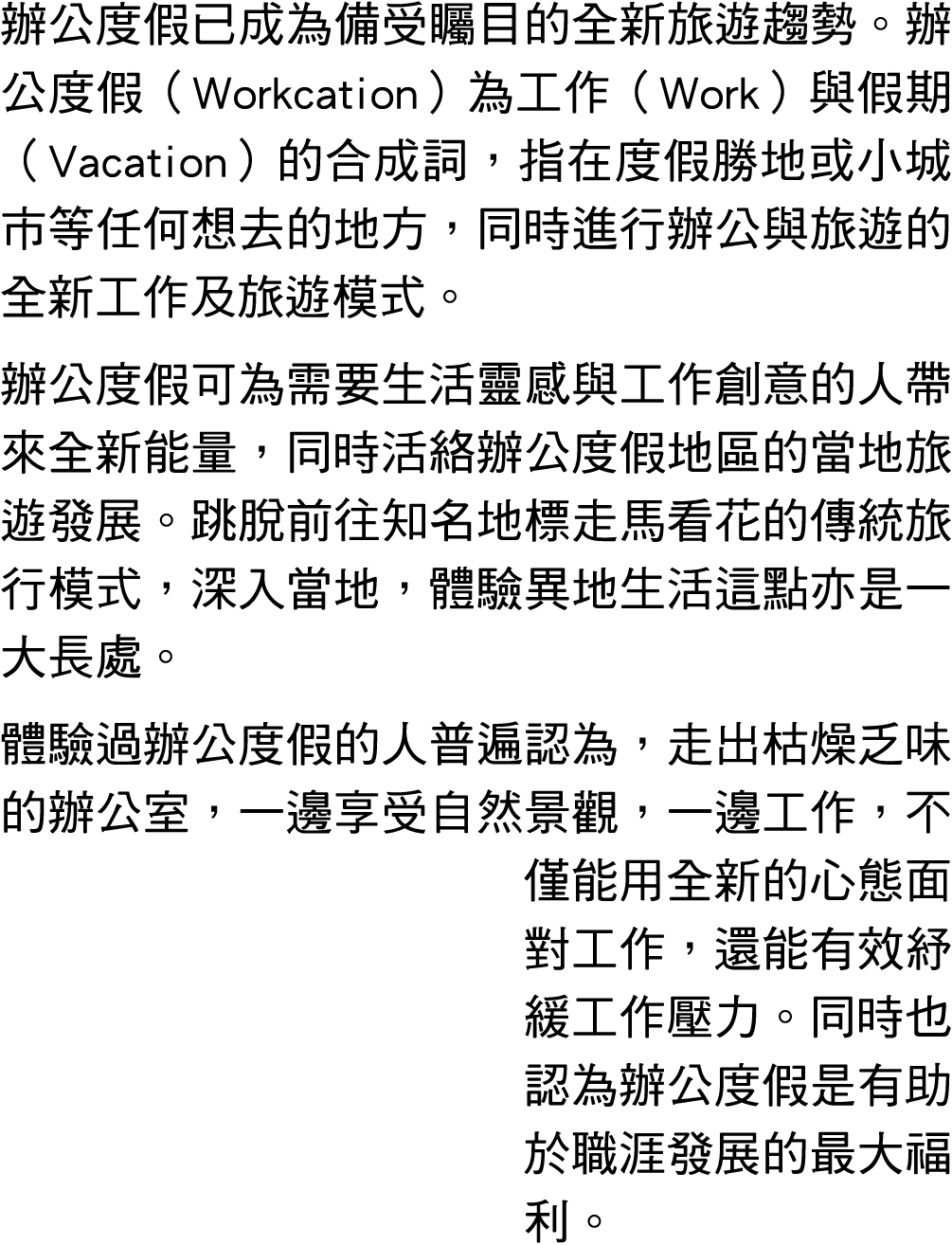 辦公度假已成為備受矚目的全新旅遊趨勢。辦公度假（Workcation）為工作（Work）與假期（Vacation）的合成詞，指在度假勝地或小城市等任何想去的地方，同時進行辦公與旅遊的全新工作及旅遊模式。 辦公度假可為需要生活靈感與工作...