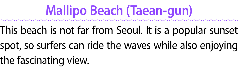 Mallipo Beach (Taean gun) This beach is not far from Seoul. It is a popular sunset spot, so surfers can ride the wave...