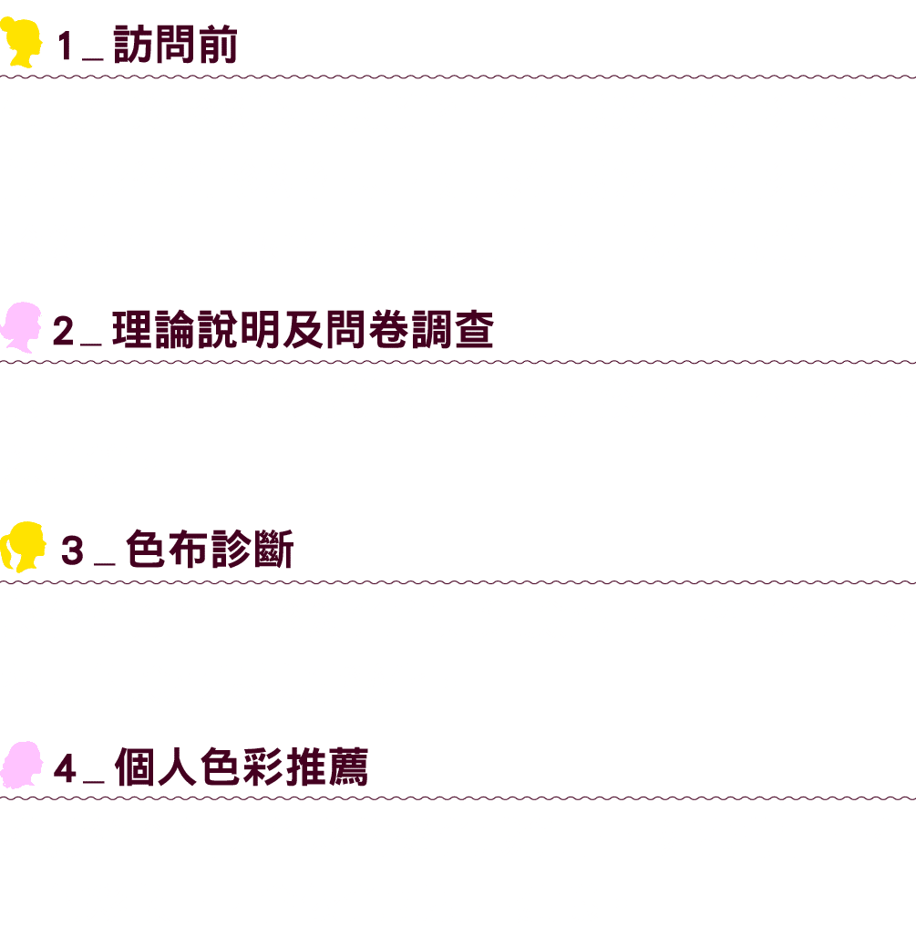 ￼1_訪問前 個人色彩診斷以素顏進行，佩戴彩色隱形眼鏡可能會影響到診斷結果，建議佩戴透明隱形眼鏡。診斷體型時最好穿著能展現身體曲線的服飾。 ￼2_理論說明及問卷調查 詢問平時喜歡的服飾顏色、肌膚類型、不喜歡的顏色等。 ￼3_色布診斷 ...