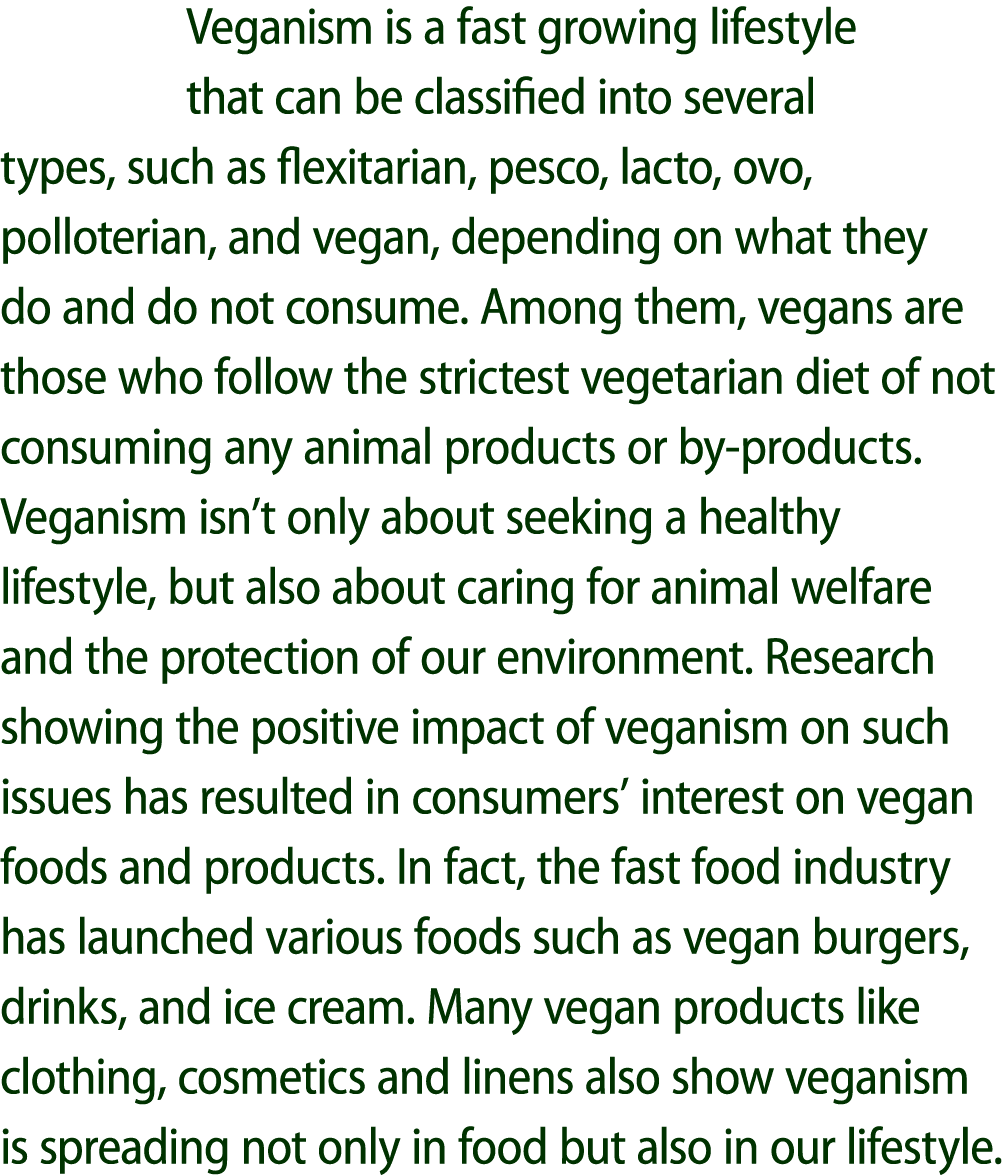 Veganism is a fast growing lifestyle that can be classified into several types, such as flexitarian, pesco, lacto, ov...