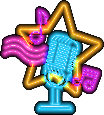 Neon signs for karaoke club and stand up comedy show. Music party night glowing logo with microphones and note. Karaoke bar event vector set. Nightlife signboards with electric guitar and scull