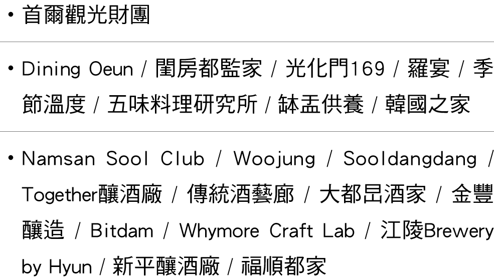 ˙ 首爾觀光財團 ˙ Dining Oeun / 閨房都監家 / 光化門169 / 羅宴 / 季節溫度 / 五味料理研究所 / 缽盂供養 / 韓國之家 ˙ Namsan Sool Club / Woojung / Sooldangda...
